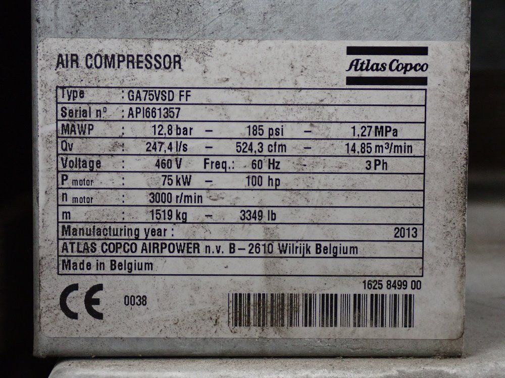 Atlas Copco 100 Hp Air Compressor - Ga75vsd-175wff