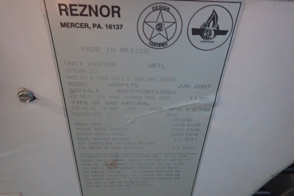 Reznor 175000 Btu Unit Heater - Udap175