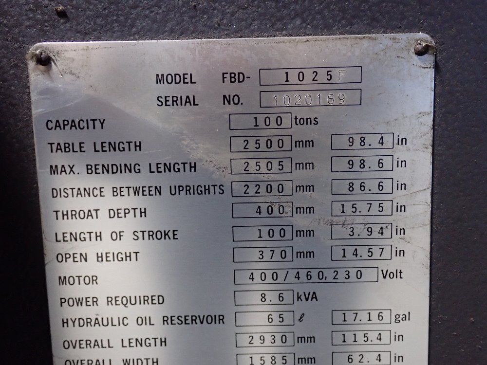 Amada 98" X 100 Tons Cnc Press Brake - Fbd-1025f