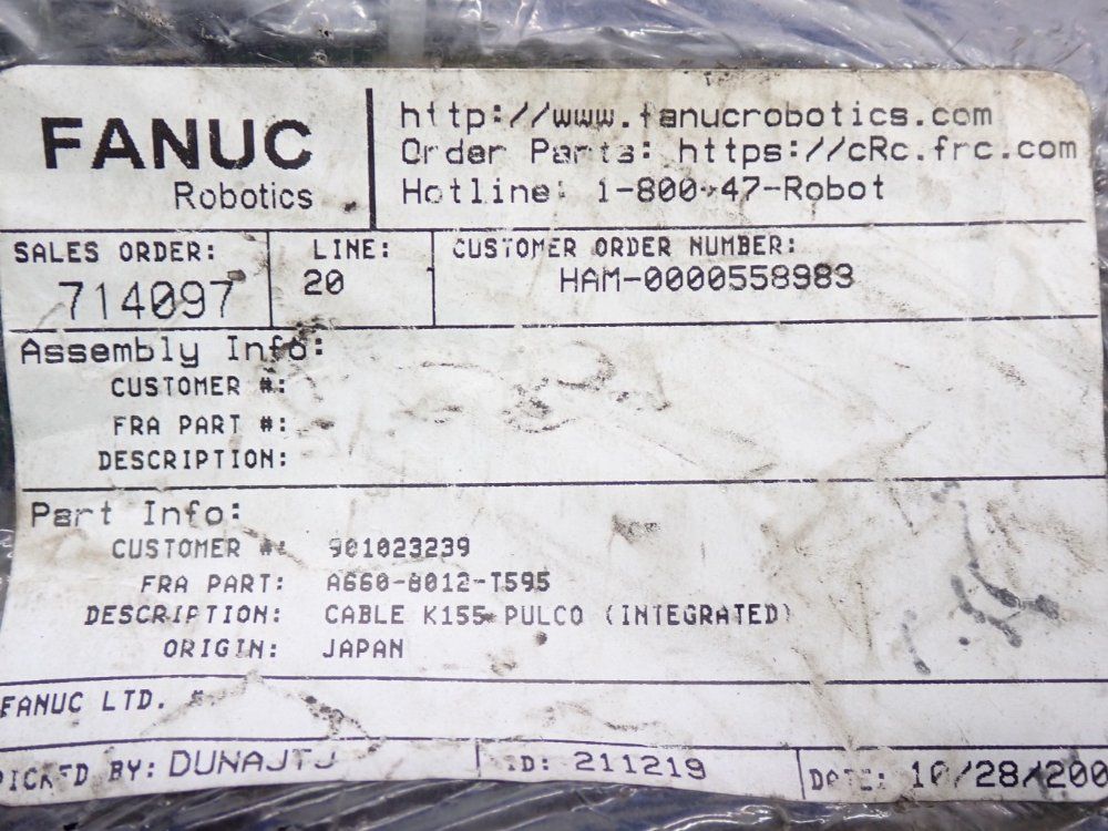 Fanuc Robotics Cable Encoder J1 To J6 K155
