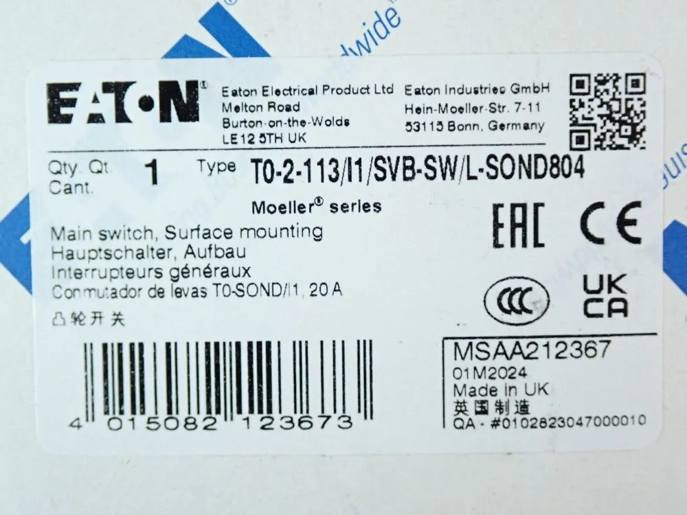 Eaton Rotary Switch With Indicator - T0-2-113/i1/svb-sw/l-sond804