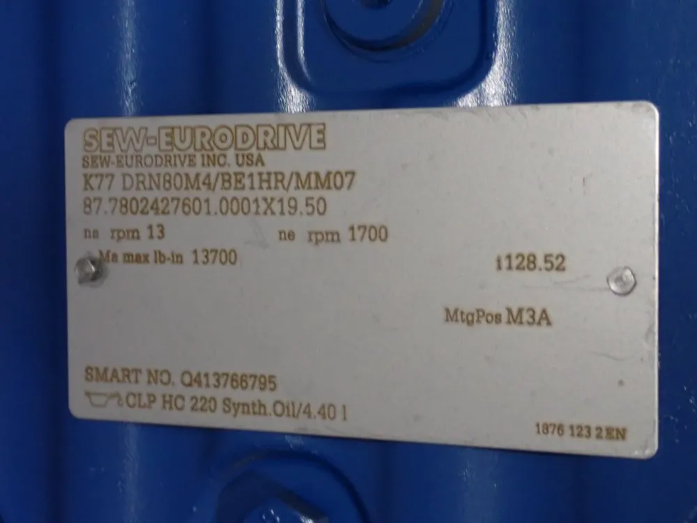 Sew Eurodrive 1 Hp Gear Drive - K77drn80m4/be1hr/mm07