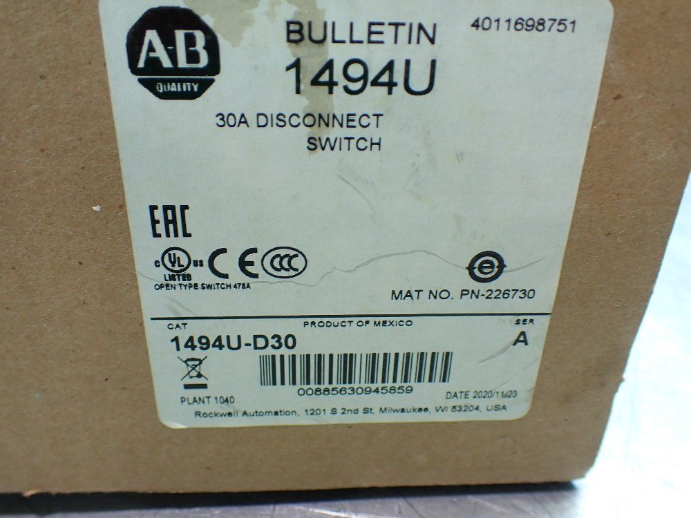 Allen-bradley 30amp 30amp Disconnect Switch. - 1494u-d30