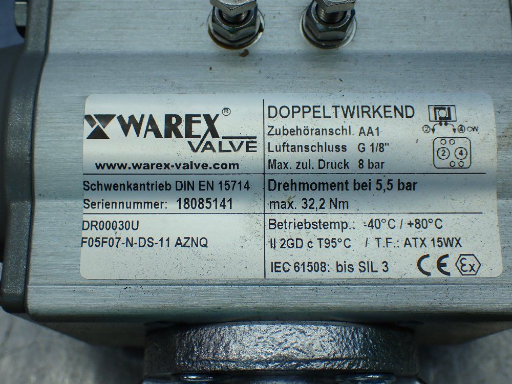 Warex Valve Double Acting Actuator / Valve Assembly. - Dr00030u