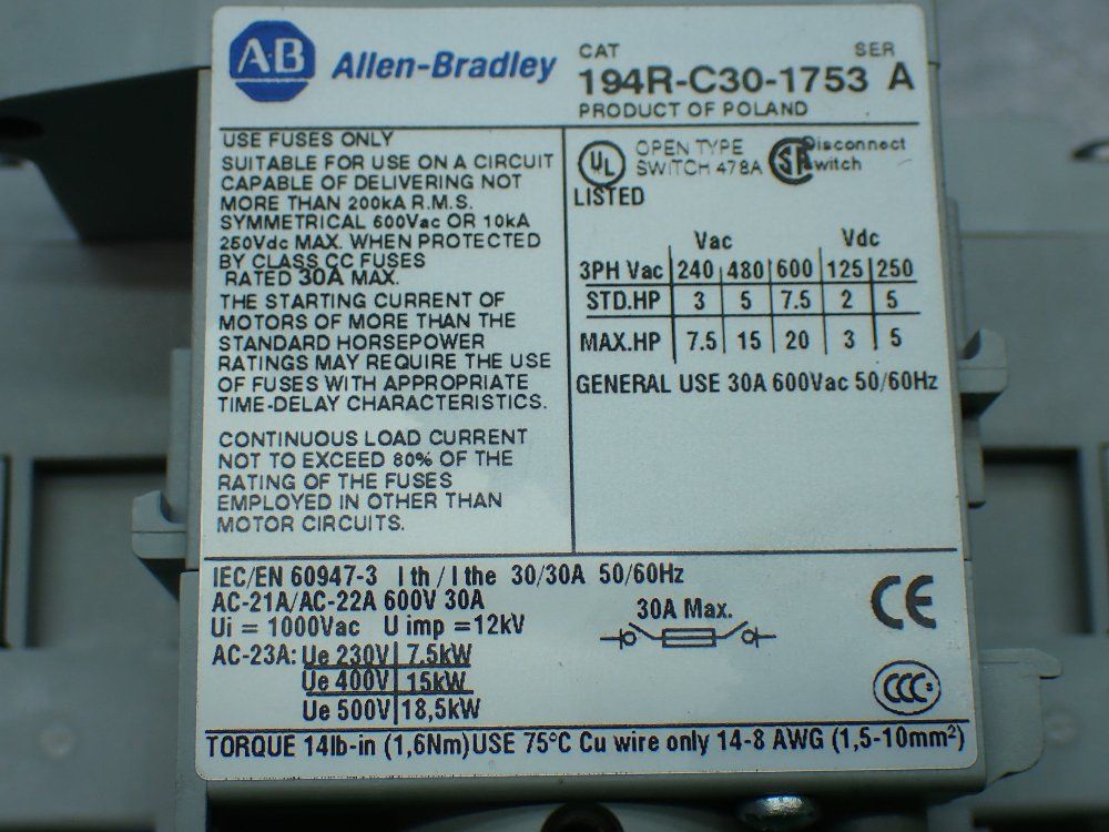 Allen-bradley Disconnect Switch - 194r-c30-1753