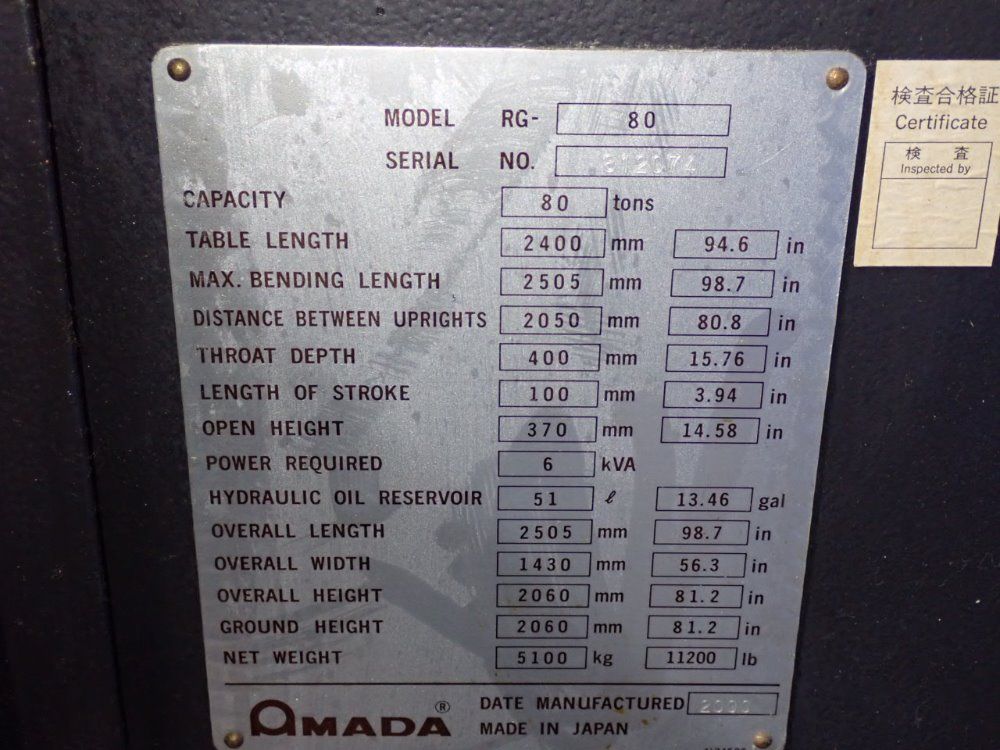 Amada 2000 Amada Rg80 Press Brake