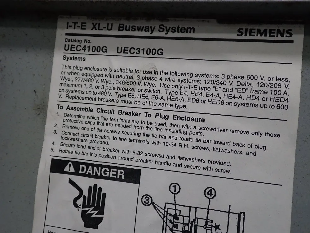 Siemens 100 Amp / 600 Vac Circuit Breaker Bus Plug - Uec4100g