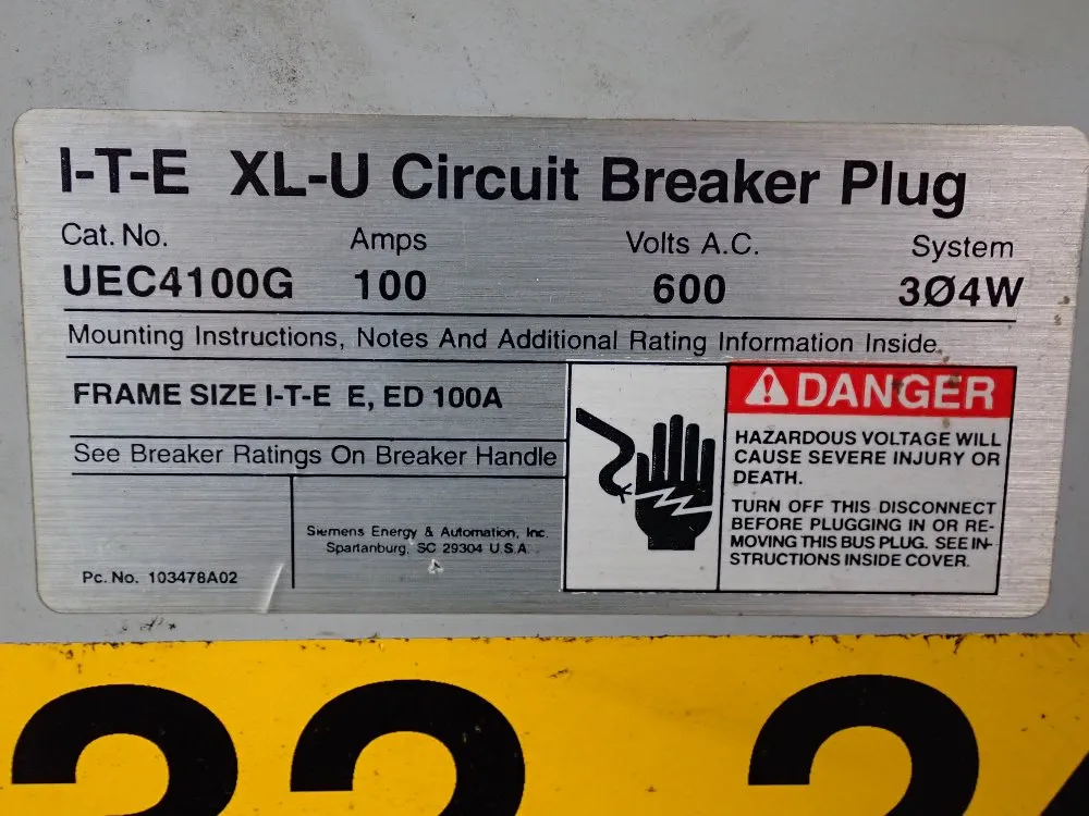 Siemens 100 Amp / 600 Vac Circuit Breaker Bus Plug - Uec4100g
