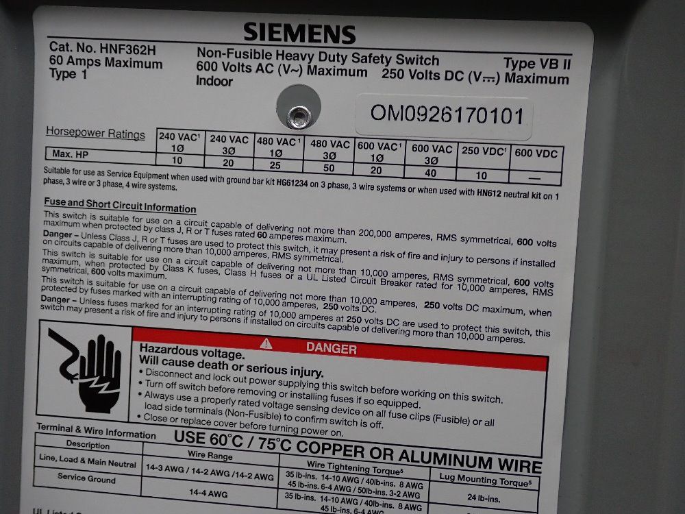 Siemens Non Fusible Disconnect