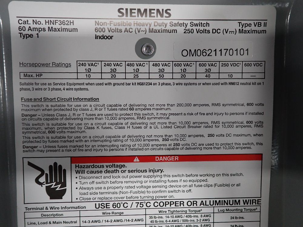 Siemens Non Fusible Disconnect