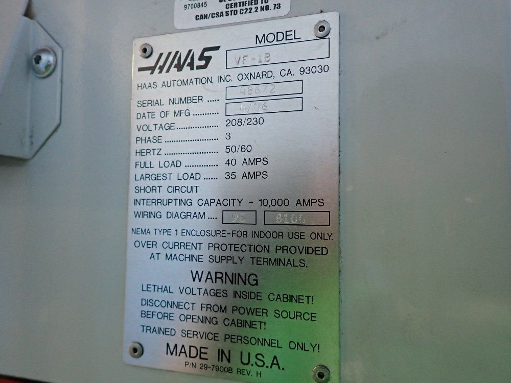 Haas 2006 Haas Vf1b Cnc Vmc