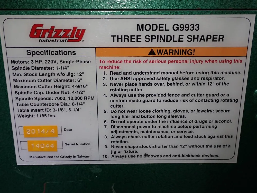 Grizzly 3 Spindle Shaper