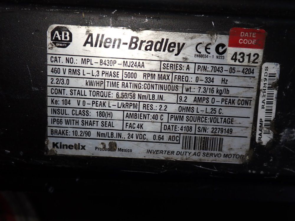 Allen Bradley 2.2 Kw Servo Motor - Mpl-b430p-mj24aa
