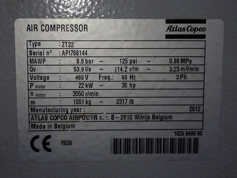 Atlas Copco 2012 Atlas Copco Zt22 Air Compressor