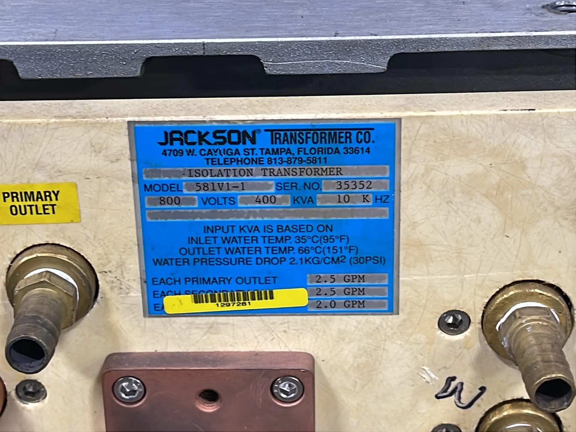 Jackson Transformer Co. Isolation Transformer - 581v1-1