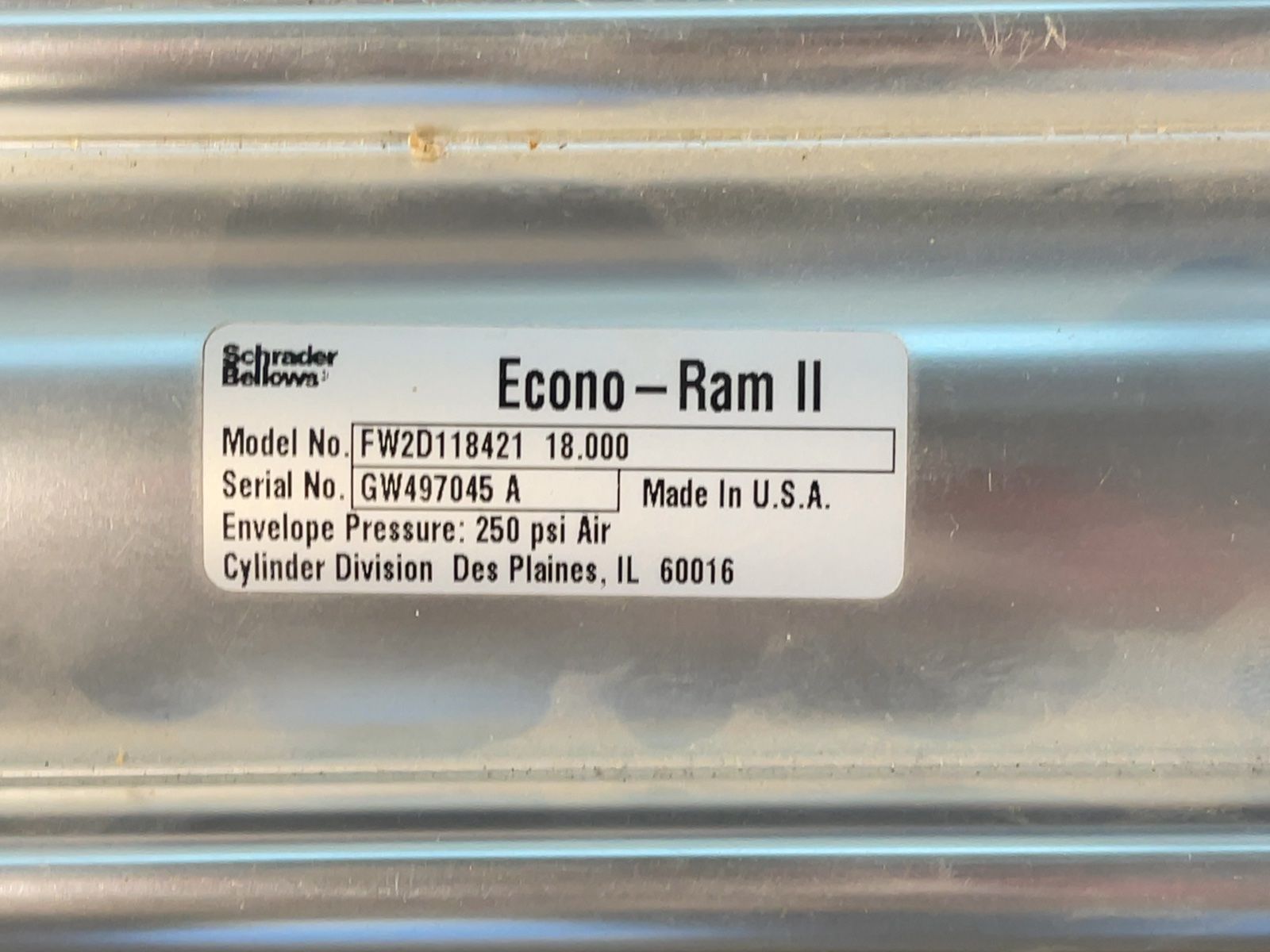 Schrader Bellows 250 Psi Pnuematic Cylinder - Fw2d118421