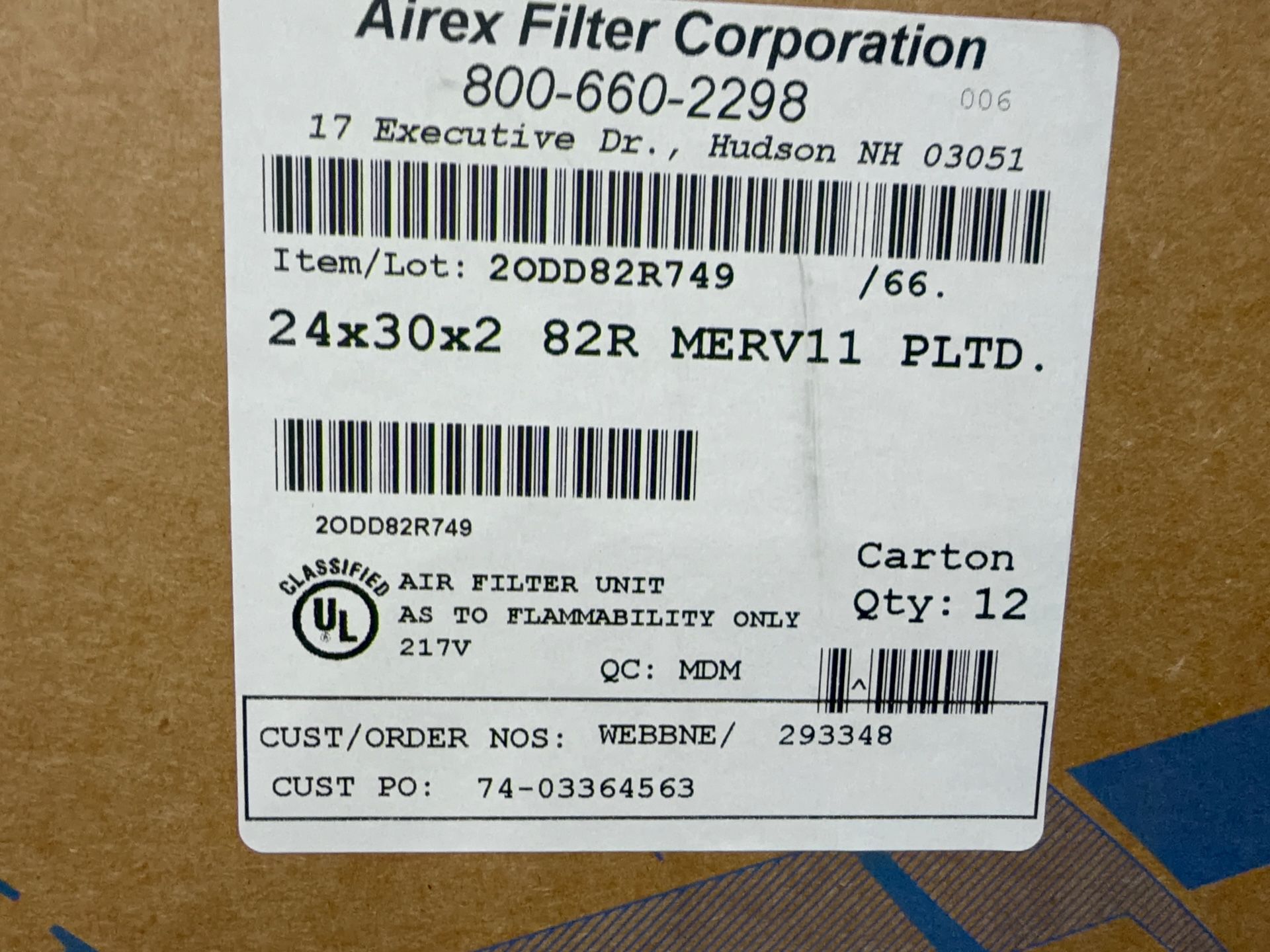 Airex Filter Corporation 24” X 30” X 2” Air Filters - 293348