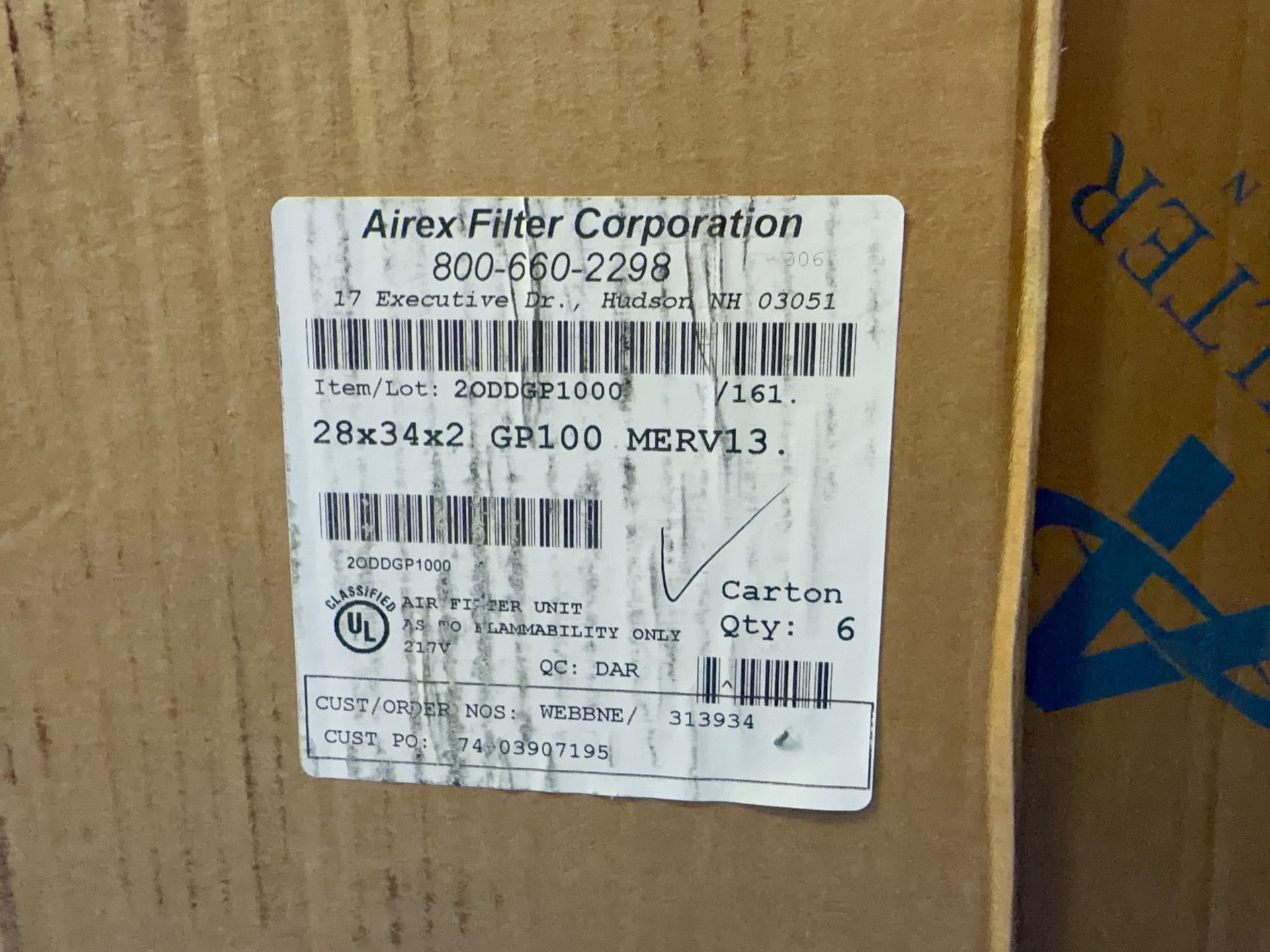 Airex Filter Corporation 28” X 34” X 2” Air Filters - 313934