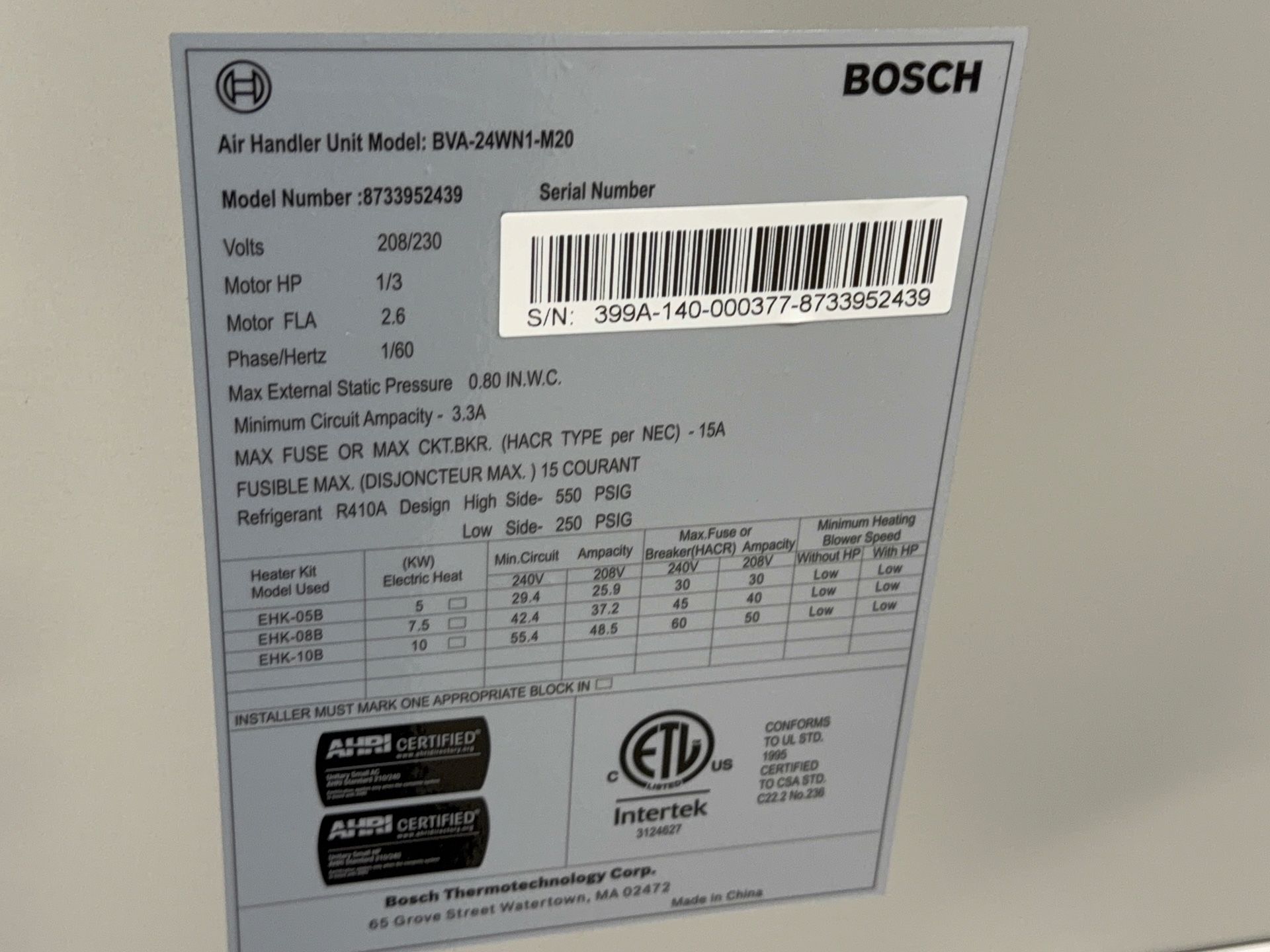 Bosch Air Handler Unit - Bva-24-wn1-m20