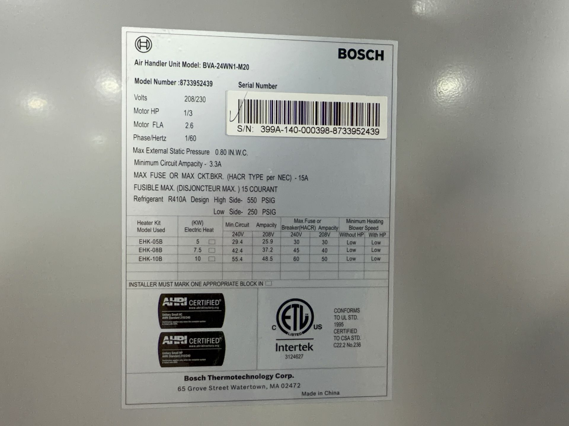 Bosch Air Handler Unit - Bva-24-wn1-m20