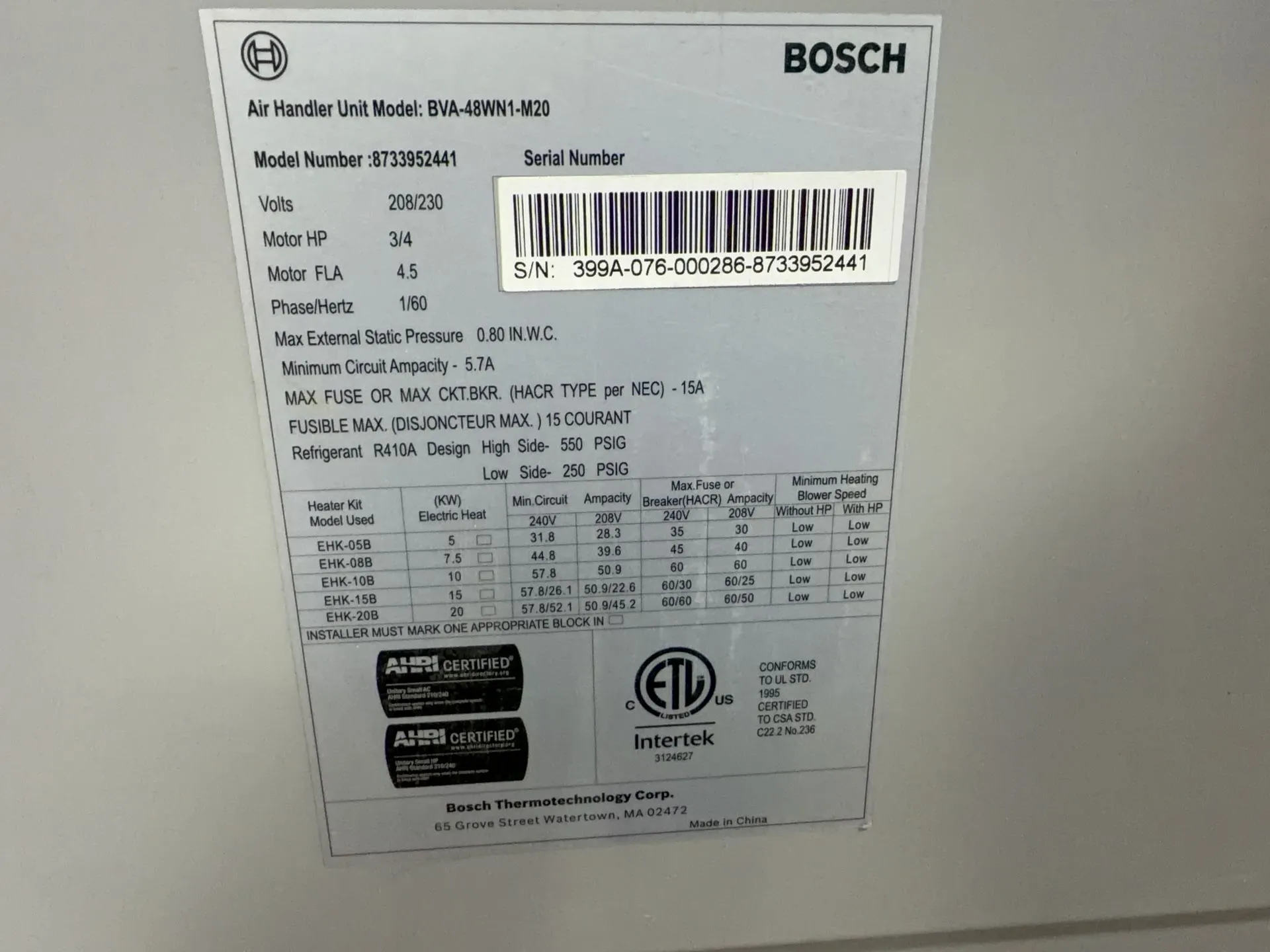 Bosch Air Handler Unit - Bva-48wn1-m20