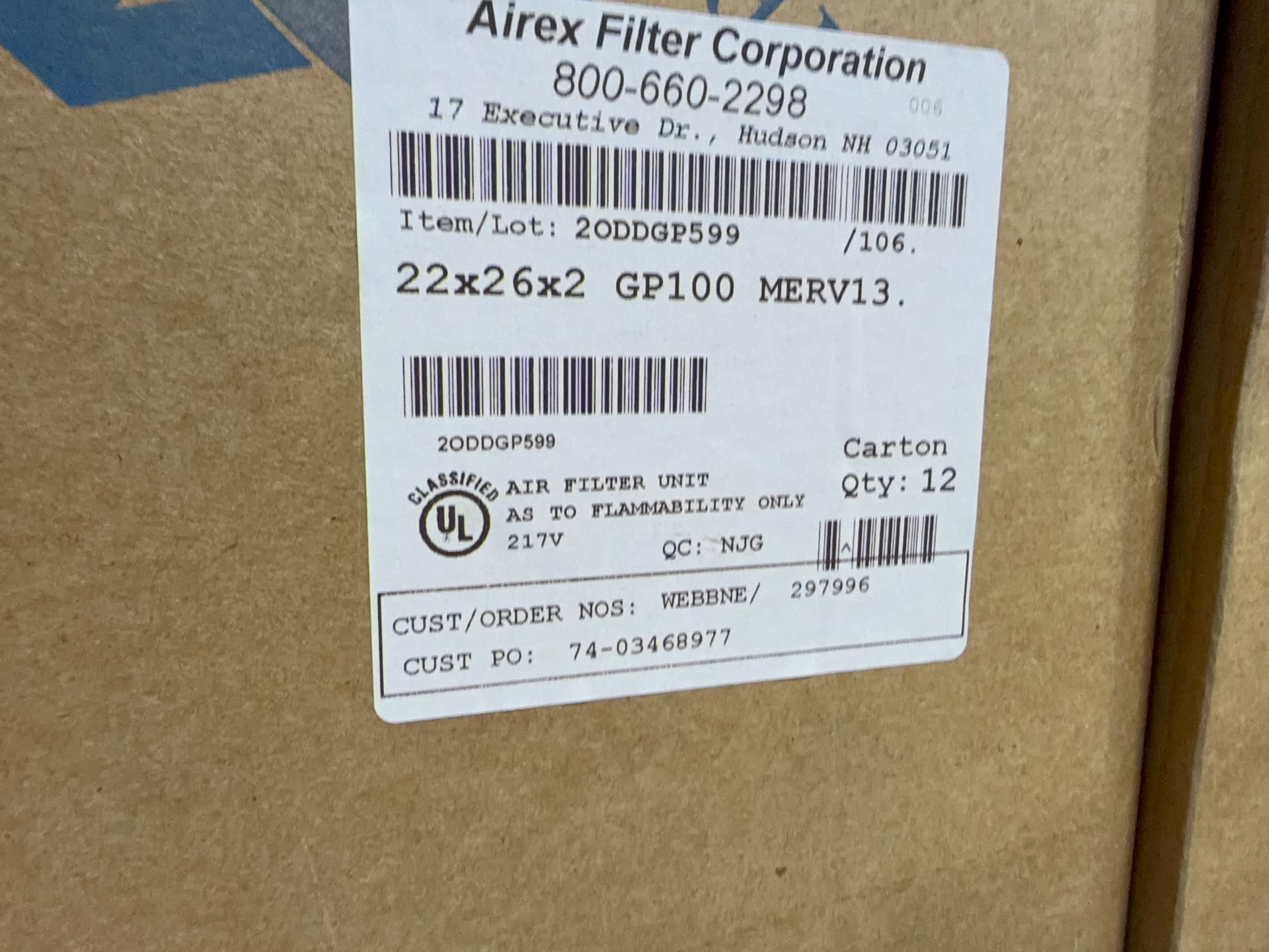 Airex Filter Corporation 22” X 26” X 2” Air Filters - 2003327
