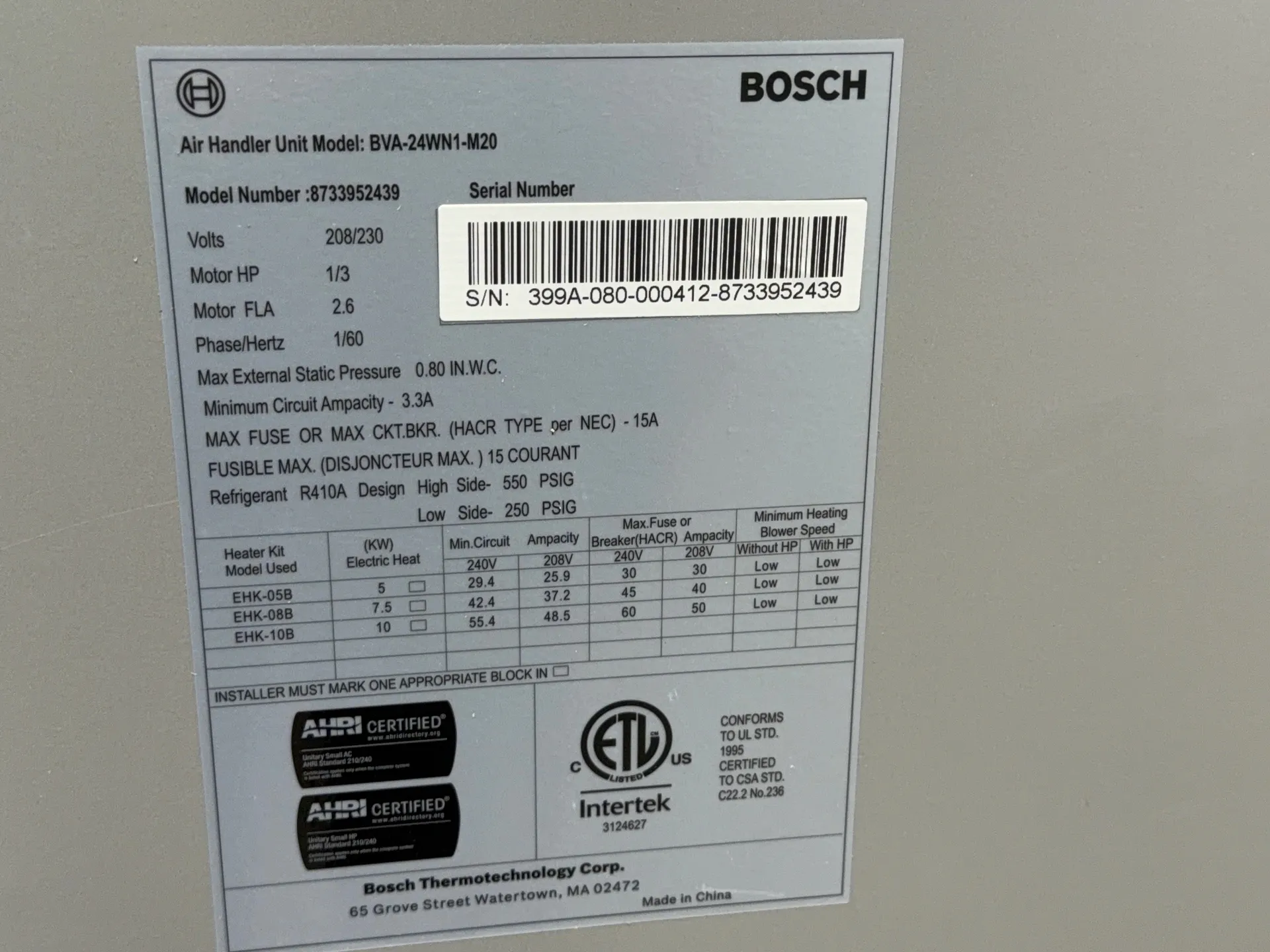 Bosch Air Handler Unit - Bva – 24wn1 – M20