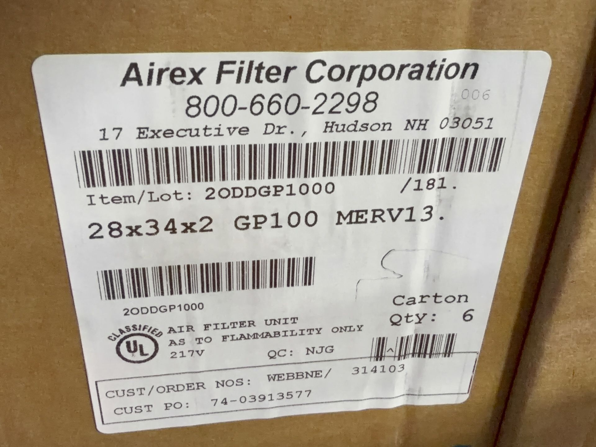 Airex Filter Corporation 28” X 34” X 2” Air Filters - 2003322