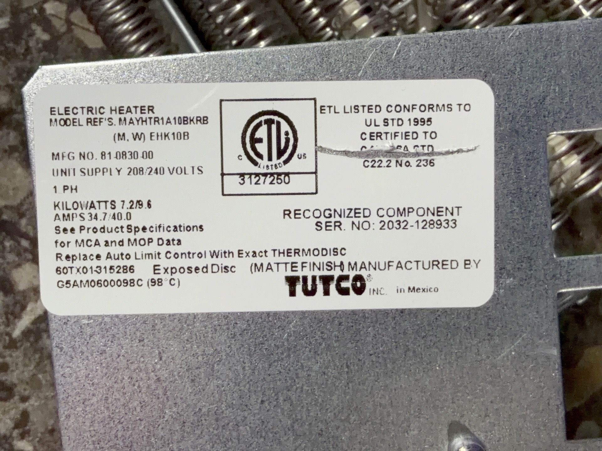 Tutco 7.2/9.6 Kw Electric Heater - Mayhtr1 A10bkrb
