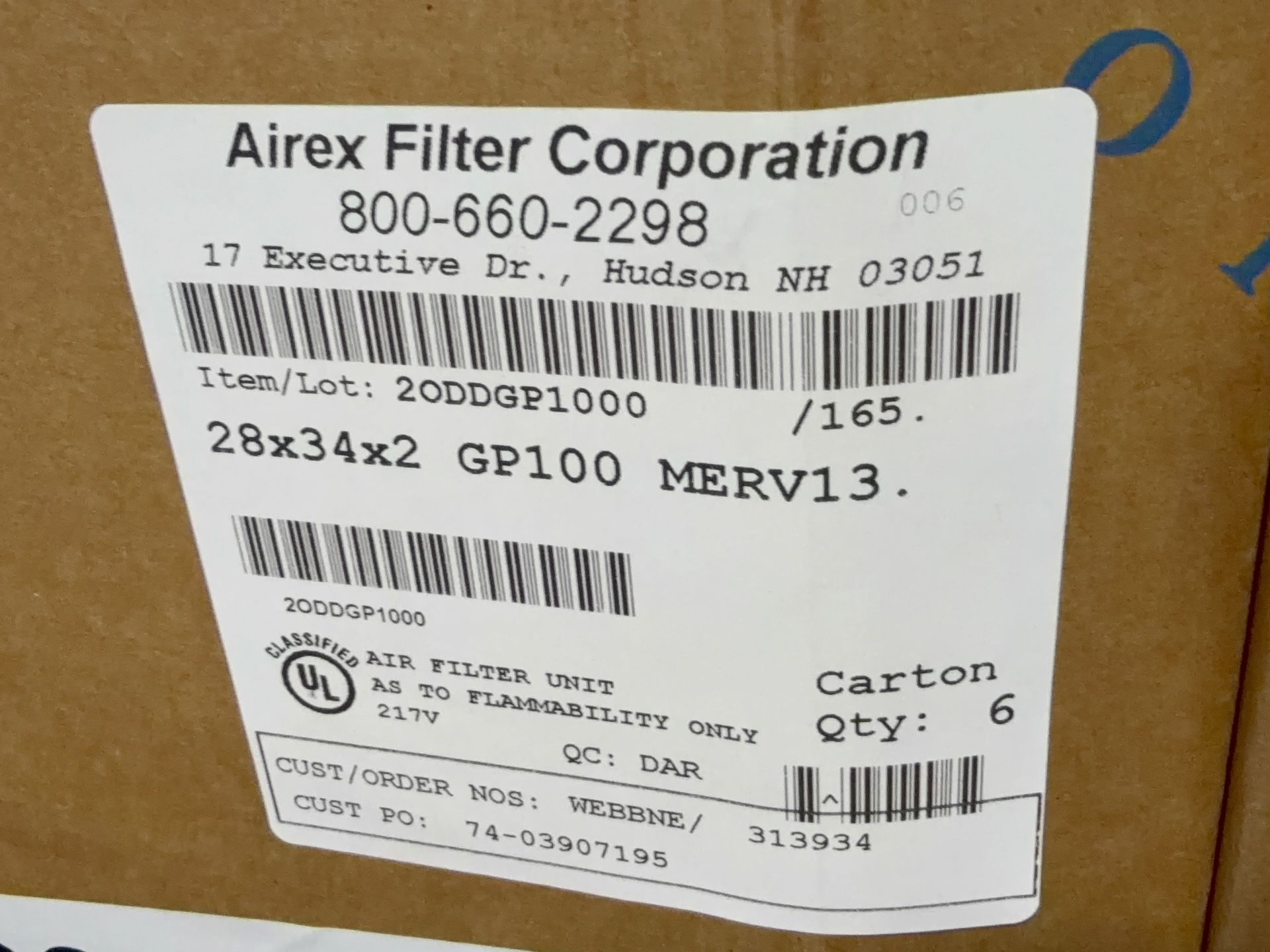 Airex Filter Corporation 28” X 34” X 2” Air Filters - 2003322
