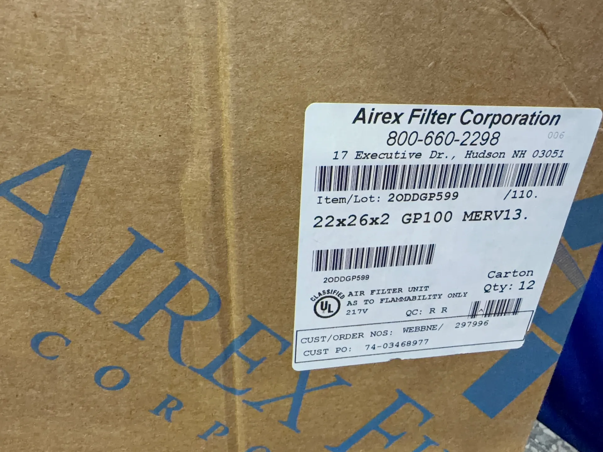 Airex Filter 22” X 26” X 2” Air Filters - Gp-100 Merv 13