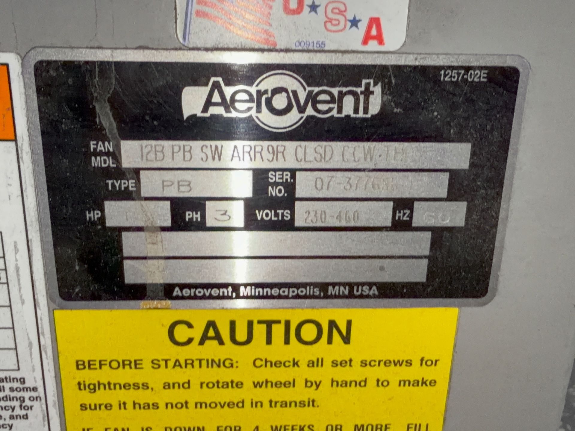 Aerovent 1 Hp Blower - 12b Pb Sw Arr9r