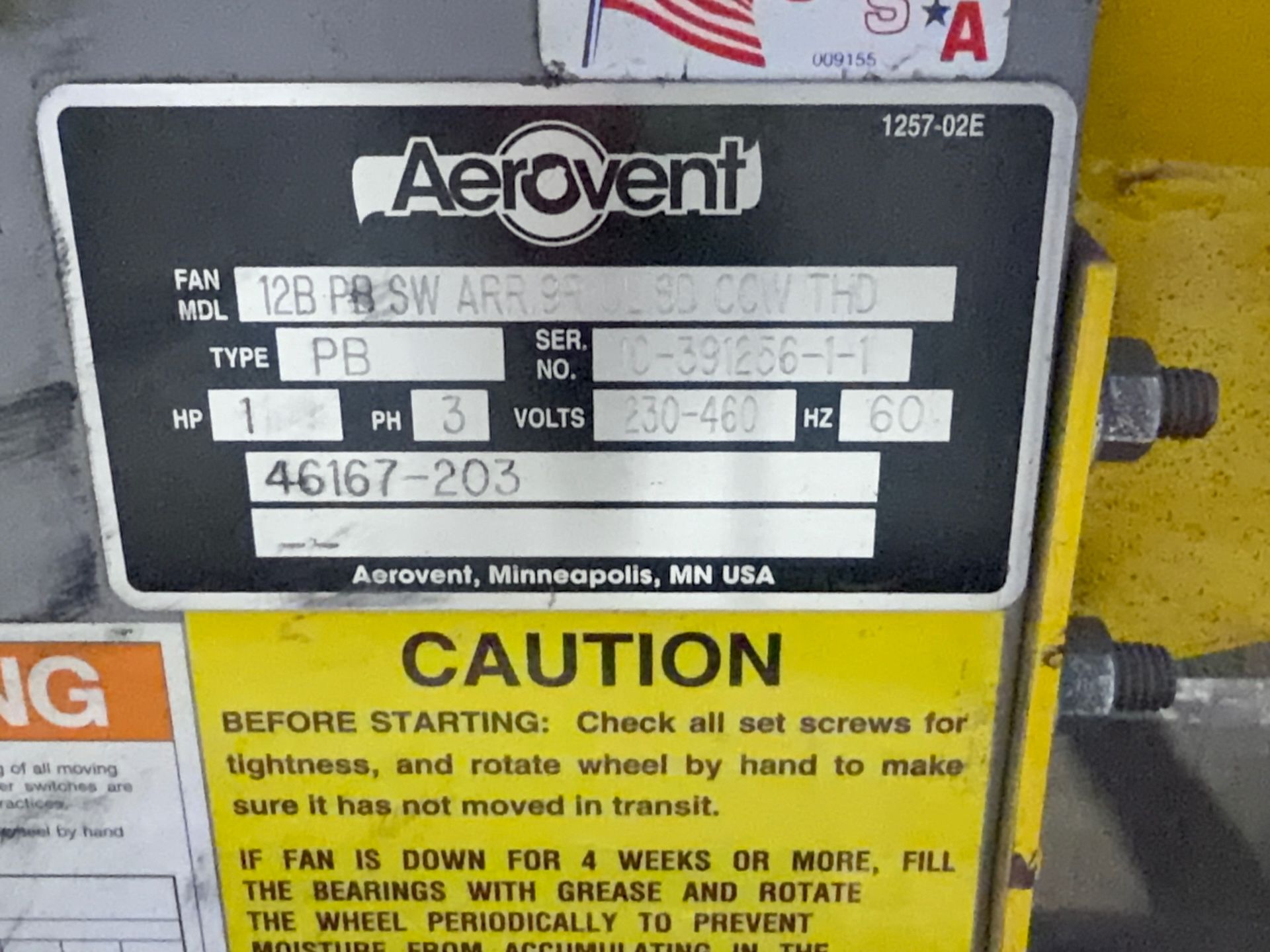 Aerovent 1 Hp Blower - 12b Pb Sw Arr9r