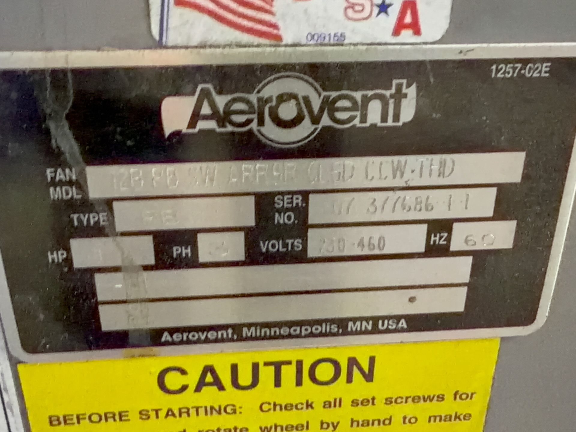 Aerovent 1 Hp Blower - 12b Pb Sw Arr9r