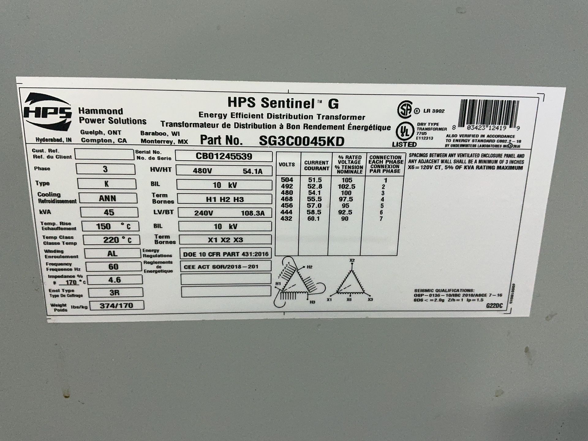 Hps 45 Kva Transformer - Sg3c0045kd