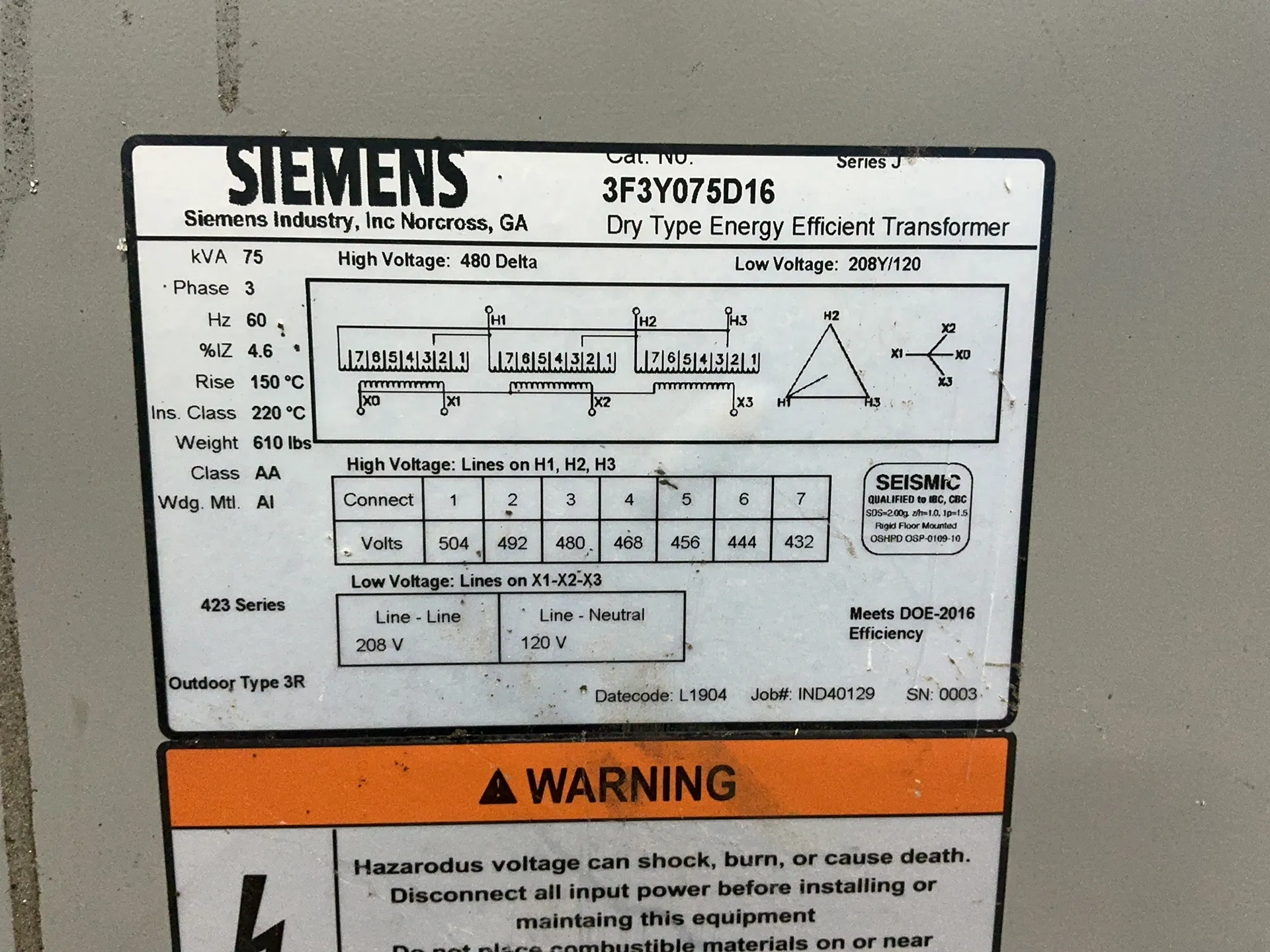 Siemens 75 Kva Transformer - 3f3y075d16