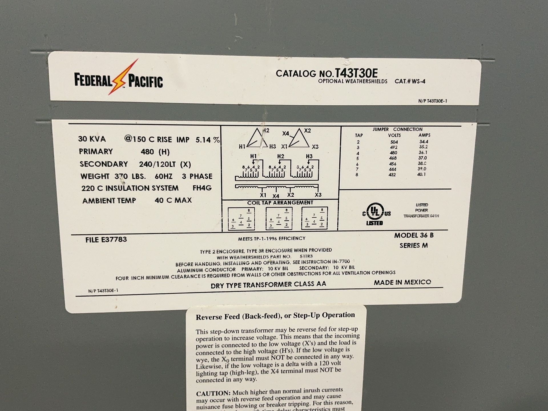 Federal Pacific 30 Kva Transformer - T43t30e