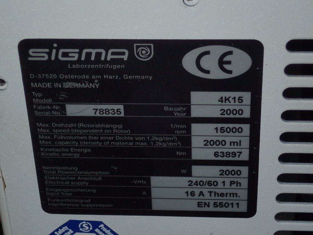 Sigma 15000 Rpm Centrifuge - 4k15