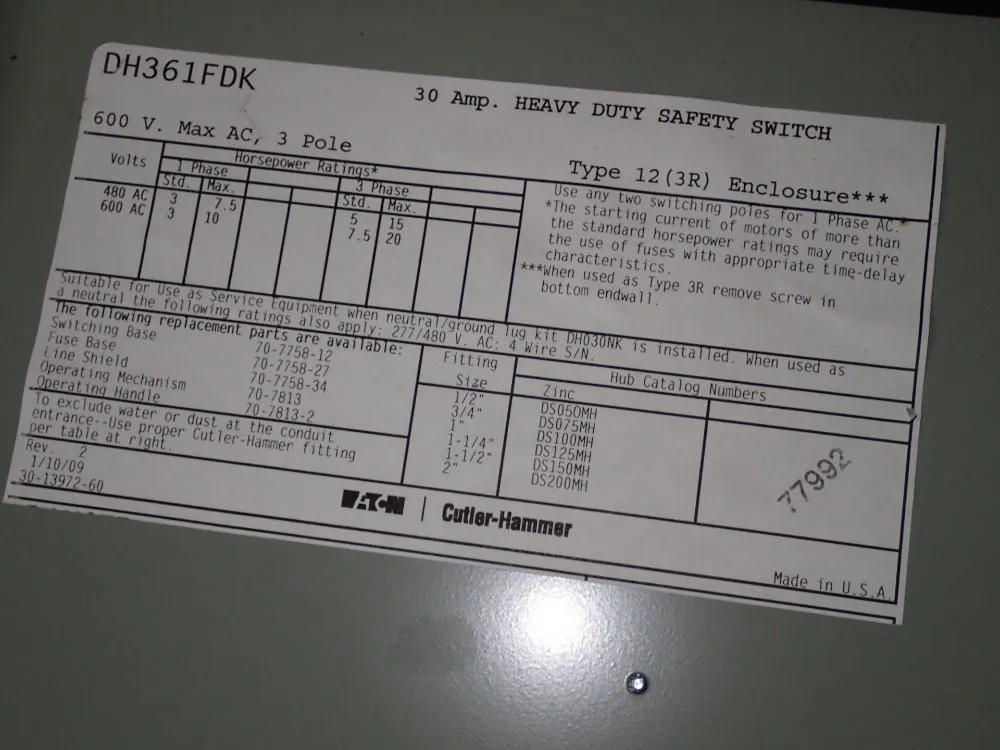 Eaton/cutler Hammer 30 A / 600 V Fusible Disconnect - Dh36fdk