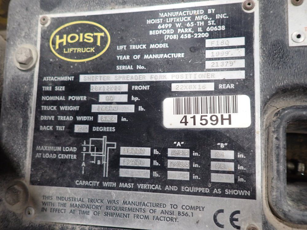 Hoist Liftruck 18000# F180 Propane Forklift - F180