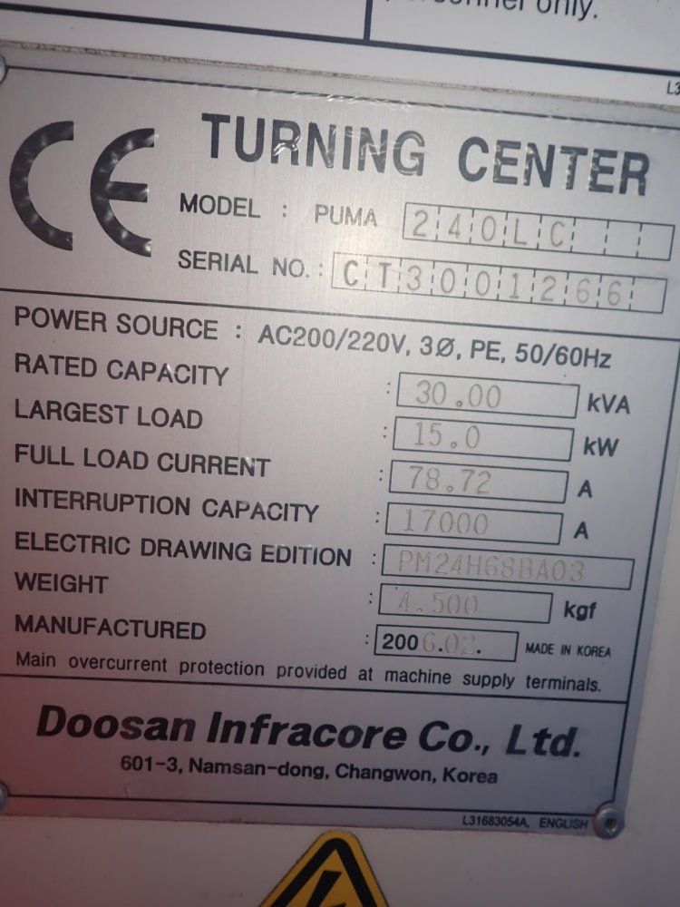 Doosan Puma 240 Lc Cnc Lathe - Puma 240 Lc