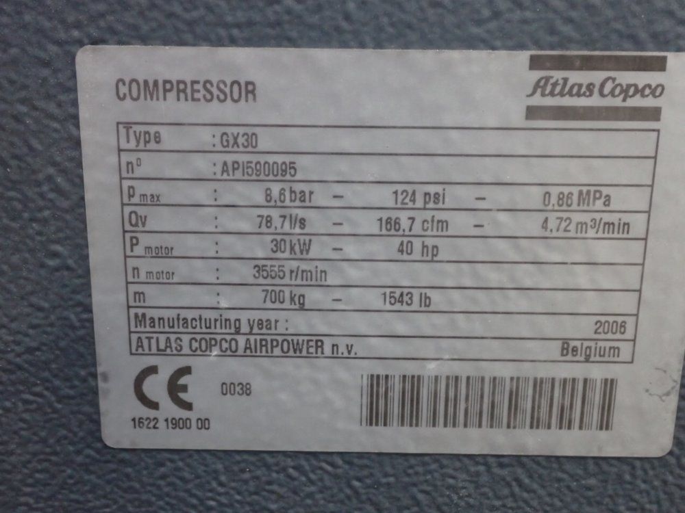 Atlas Copco 8.6bar/40hp/30kw/124psi Air Compressor - Gx30