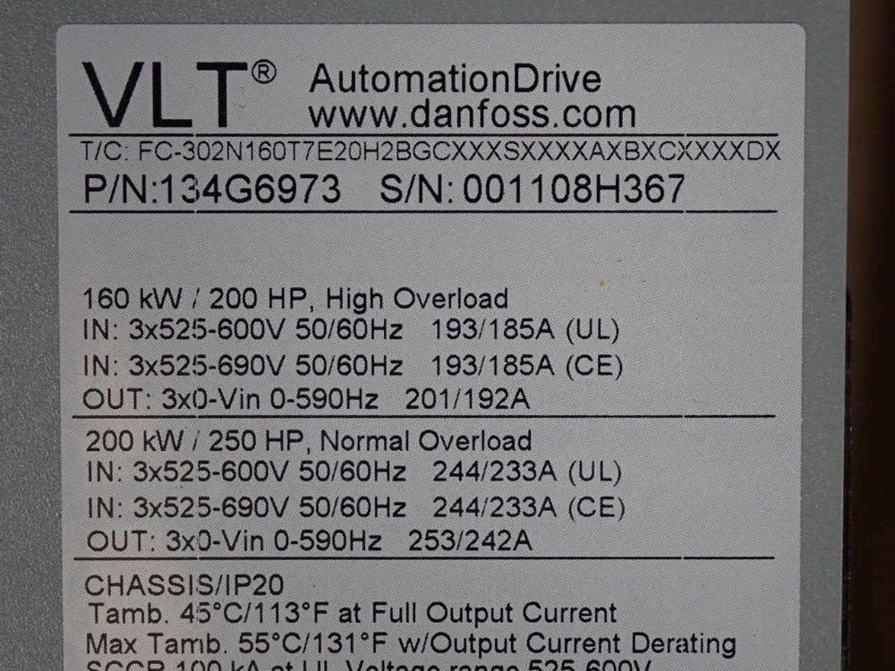 Danfoss 200hp/200kw/201a Vlt Automation Drive Fc 302 - 134g6973