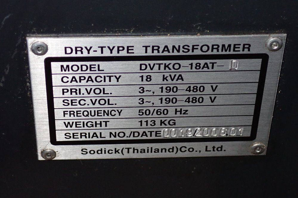 Sodick Co Ltd 18 Kva Transformer - Dvtko-18at-d