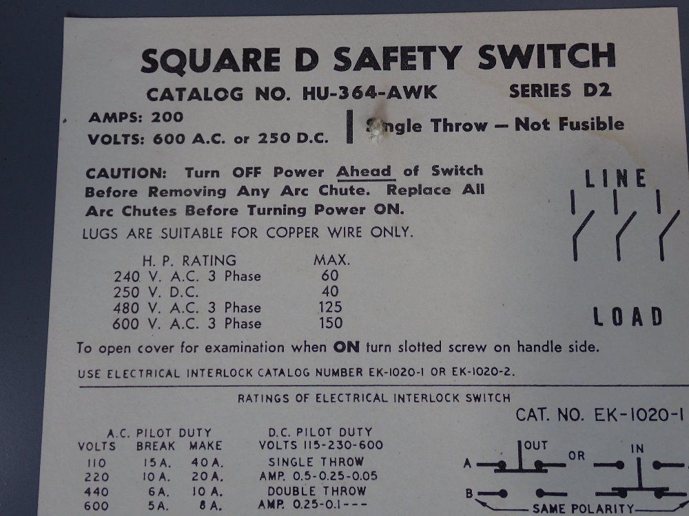 Square D 200 Amp / 600 Vac Non Fusible Disconnect - Hu-364-awk