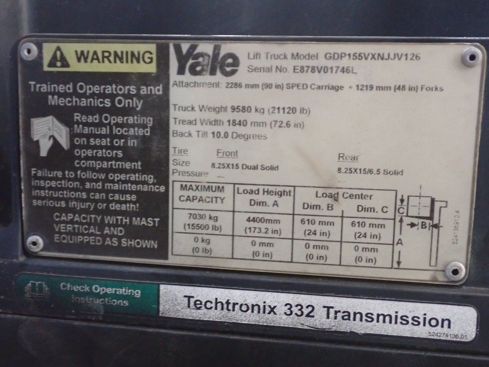 Yale 15,500lbs Diesel Forklift - Gdp155vxnjjv126