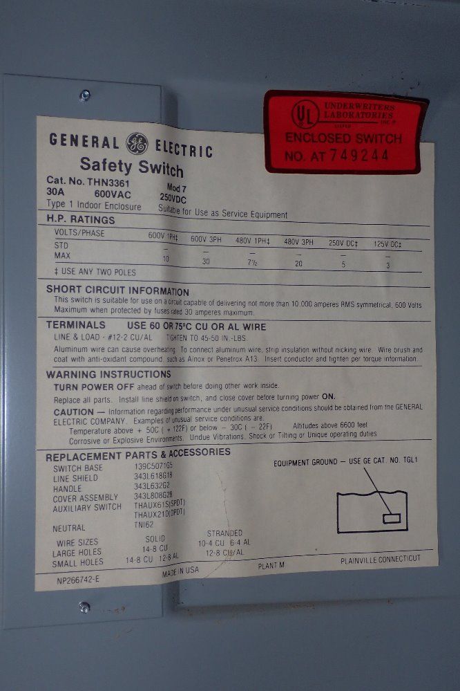 General Electric 30 Amp / 600 V Fusible Disconnect - Thn3361