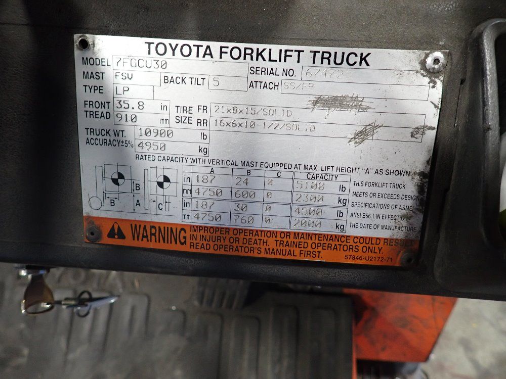 Toyota 5100# Propane Forklift - 7fgcu30