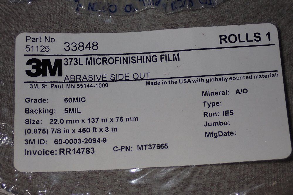 3m 7/8" X 450' X 3" Microfinishing Film - 33848/373l