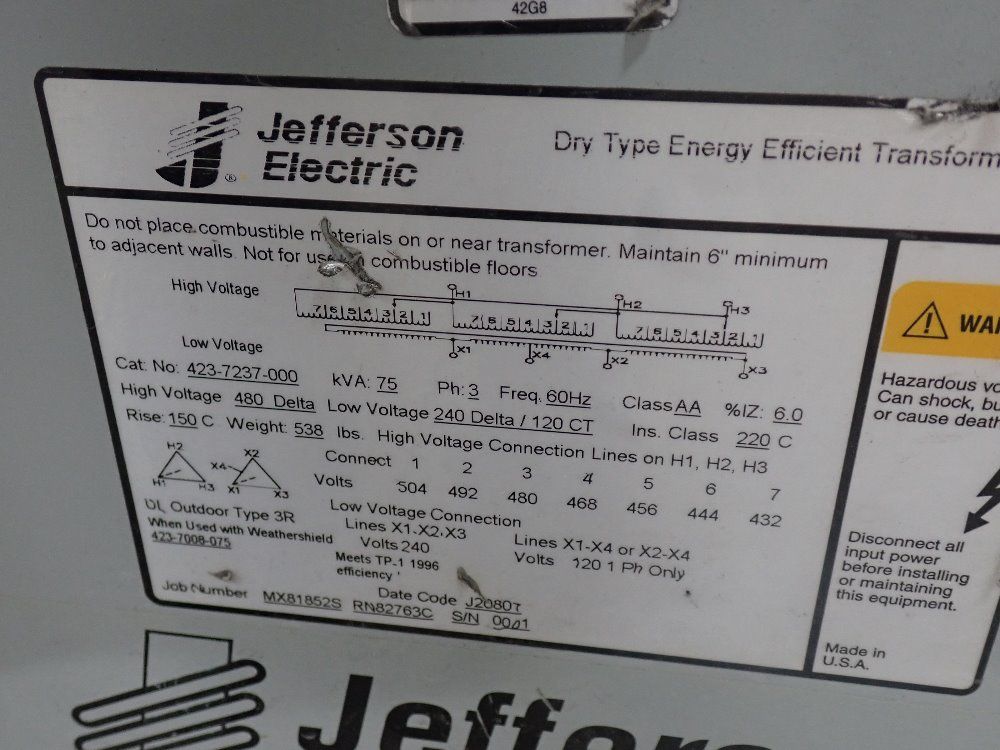 Jefferson Electrical 75 Kva Transformer - 423-7237-000